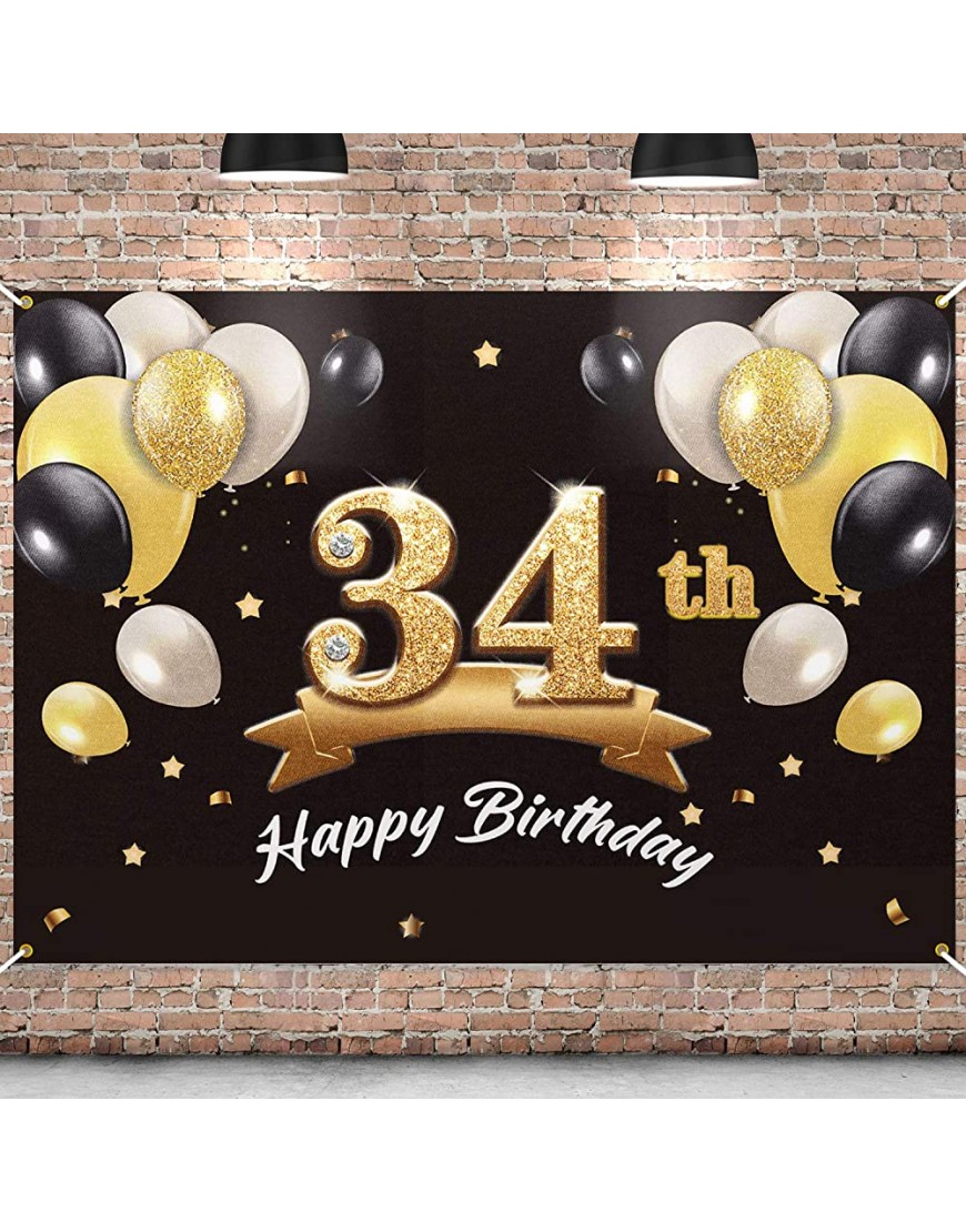 PAKBOOM Happy 34th Birthday Banner Backdrop 34 Birthday Party Decorations Supplies for Men Black Gold 4 x 6ft - B0790U9Z9