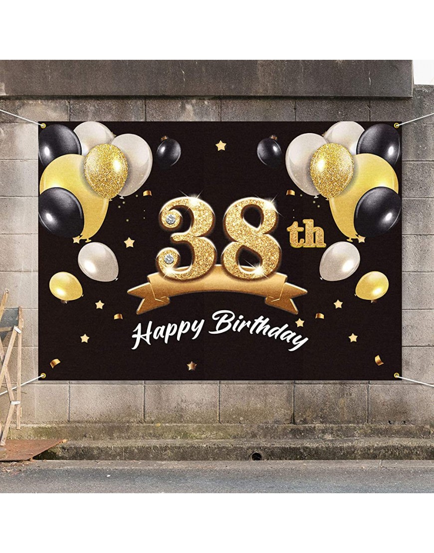 PAKBOOM Happy 38th Birthday Banner Backdrop 38 Birthday Party Decorations Supplies for Men Black Gold 4 x 6ft - B6M0ZLYN9