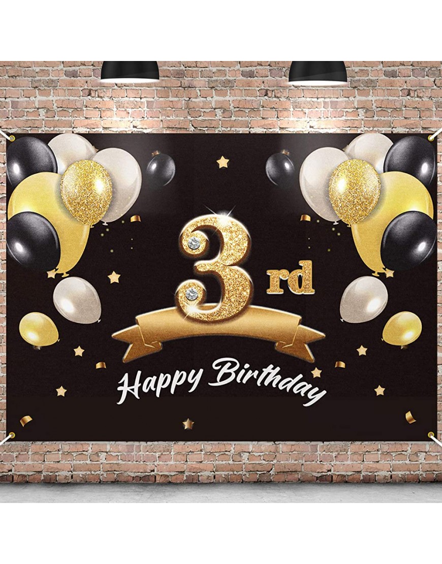 PAKBOOM Happy 3rd Birthday Banner Backdrop 3 Birthday Party Decorations Supplies for Boys Black Gold 4 x 6ft - BNVM0945Y