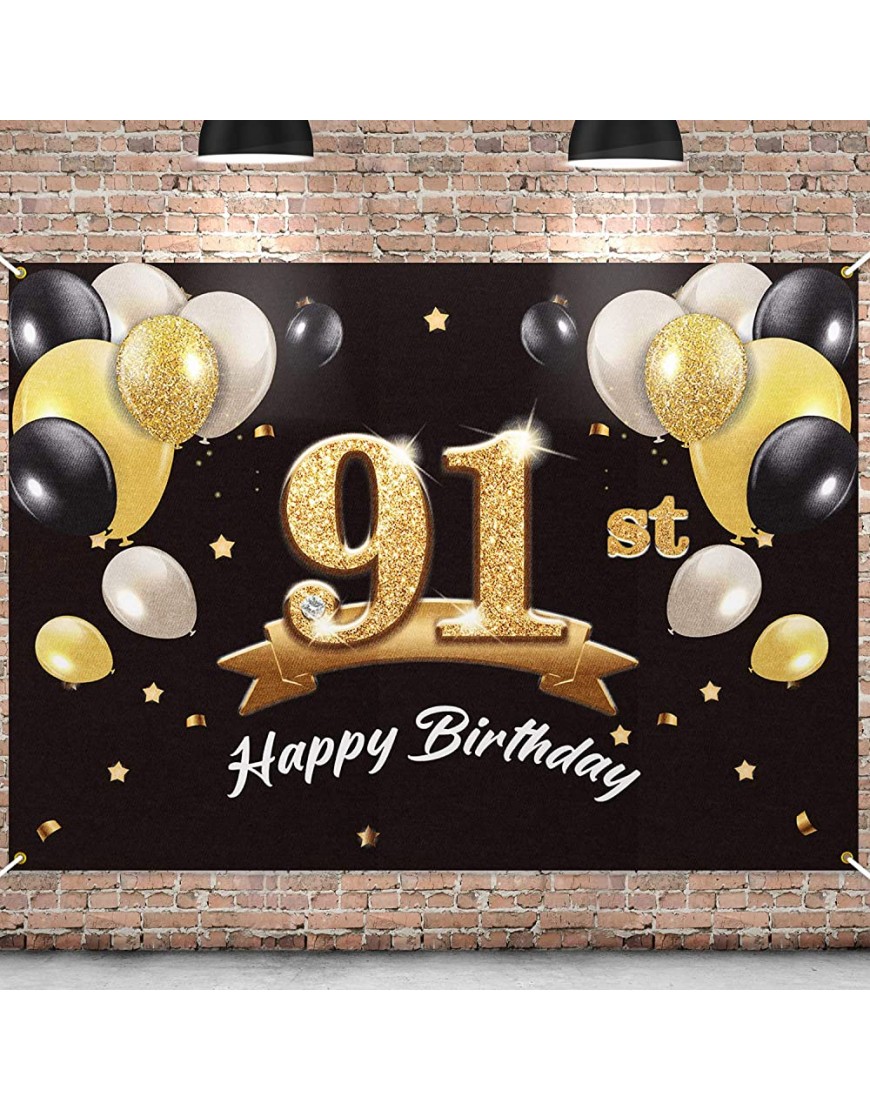 PAKBOOM Happy 91st Birthday Banner Backdrop 91 Birthday Party Decorations Supplies for Men Black Gold 4 x 6ft - B17PF9D5U
