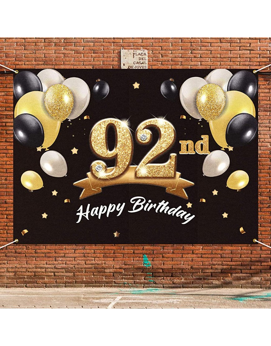PAKBOOM Happy 92nd Birthday Banner Backdrop 92 Birthday Party Decorations Supplies for Men Black Gold 4 x 6ft - B959CKNR8