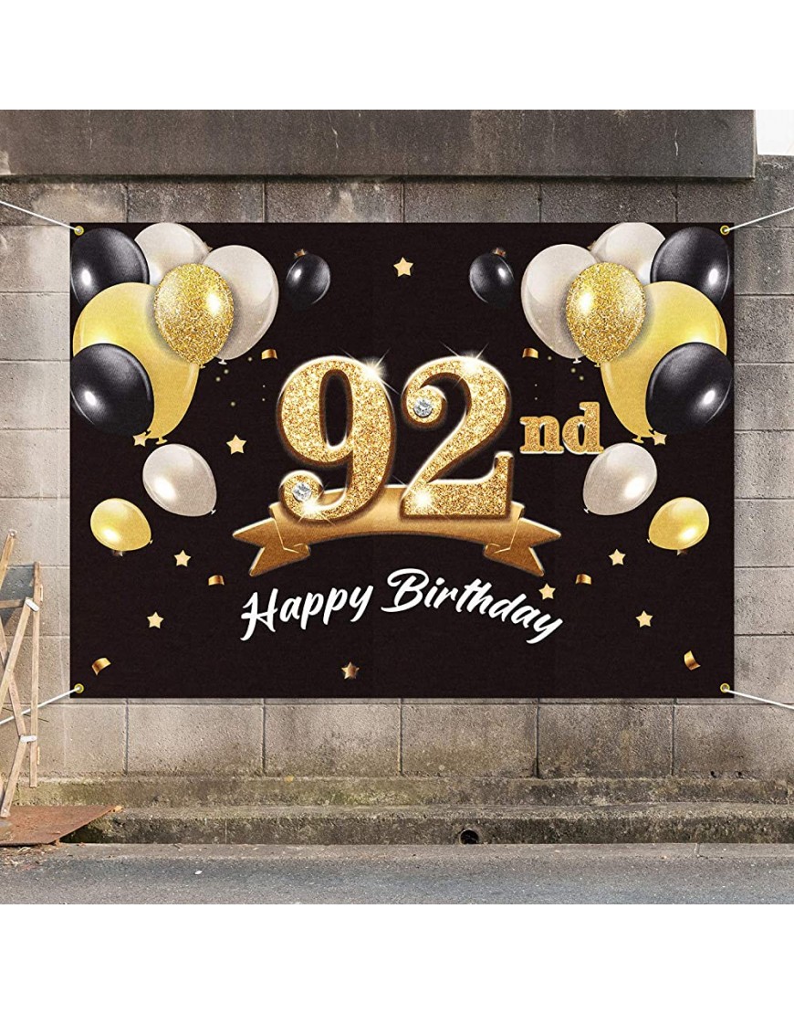 PAKBOOM Happy 92nd Birthday Banner Backdrop 92 Birthday Party Decorations Supplies for Men Black Gold 4 x 6ft - B959CKNR8