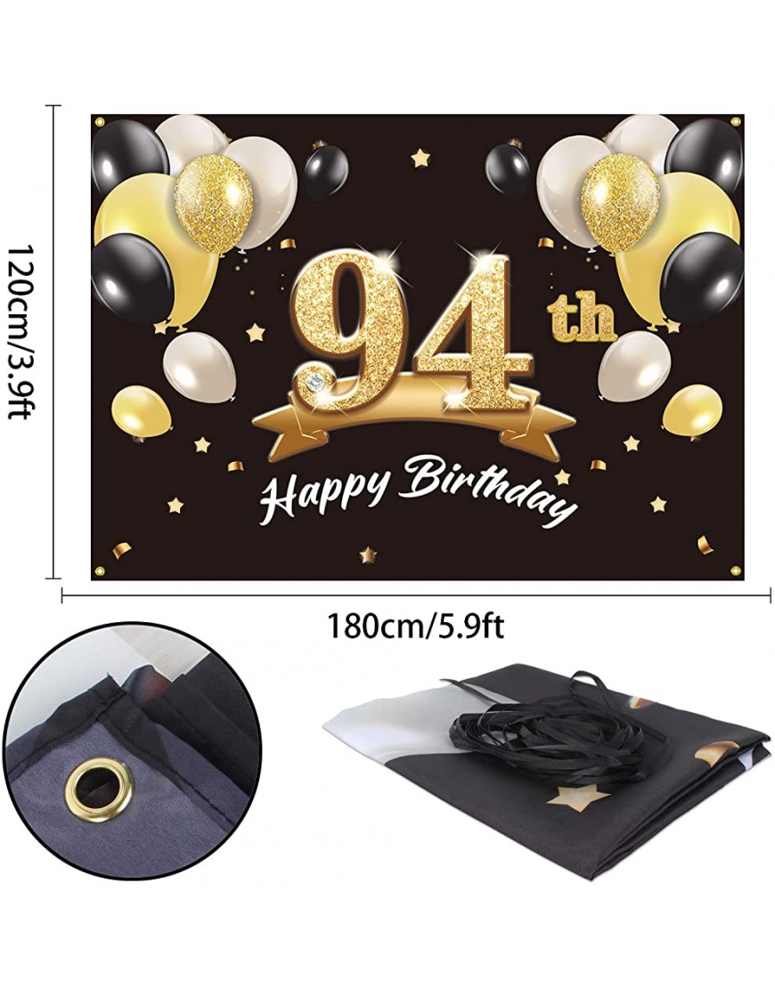 PAKBOOM Happy 94th Birthday Banner Backdrop 94 Birthday Party Decorations Supplies for Men Black Gold 4 x 6ft - BPTUH4TOP