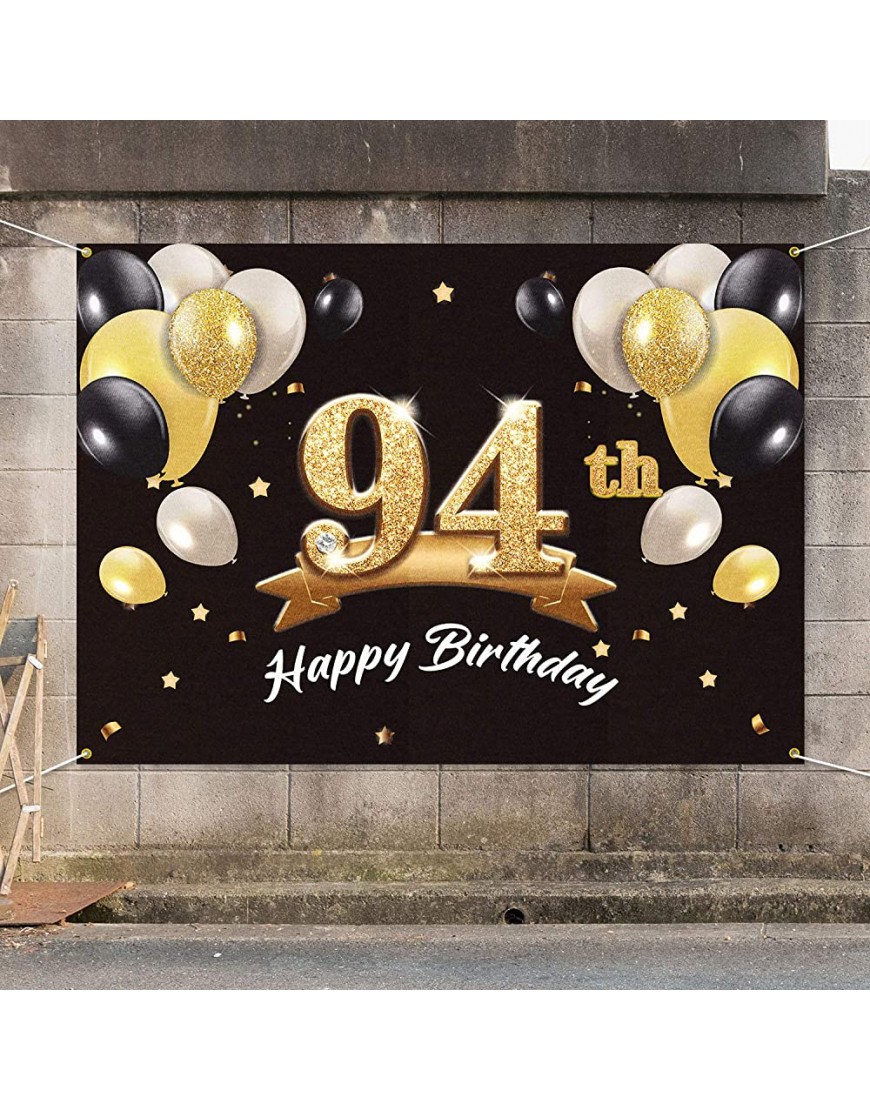 PAKBOOM Happy 94th Birthday Banner Backdrop 94 Birthday Party Decorations Supplies for Men Black Gold 4 x 6ft - BPTUH4TOP