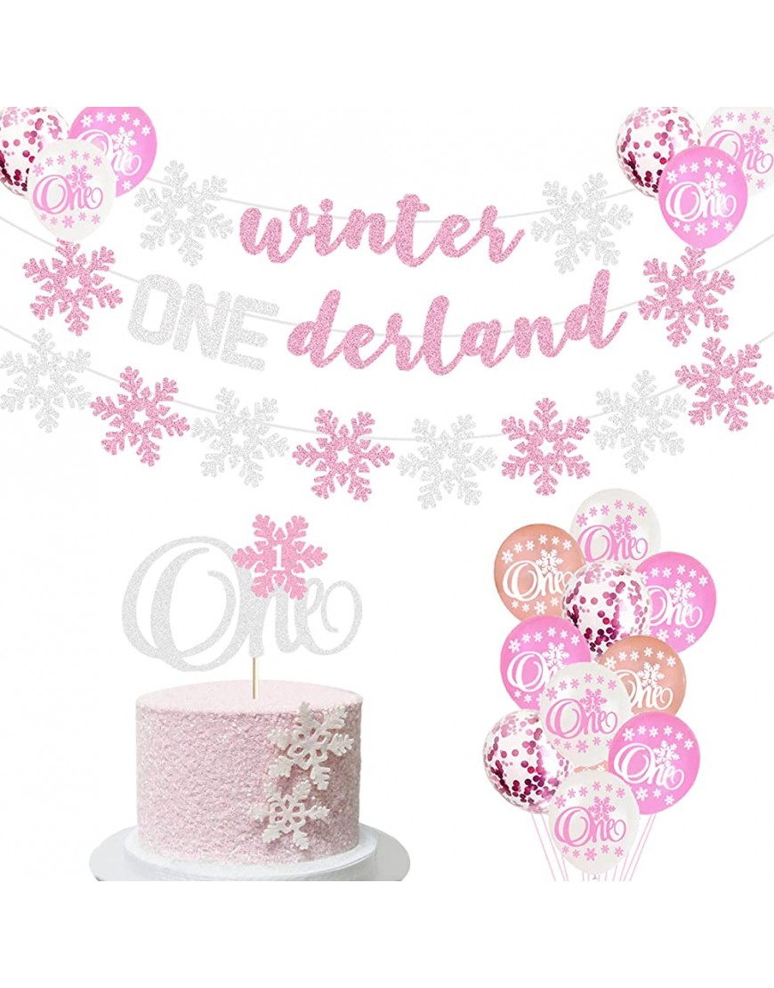 Winter 1st Birthday Party Supplies Silver Pink Winter Onederland Banners and Balloons Snowflake One Cake Topper Little Snowflake Themed Girls First Birthday Baby Shower Party Supplies Decorations - BHM9ER4FK