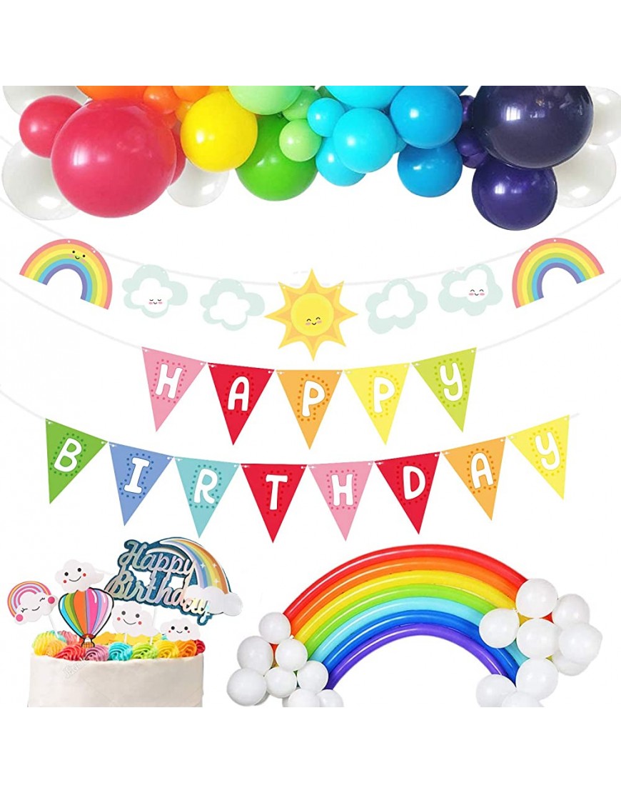 wongmode Big Sunshine Rainbow Clouds Happy Birthday Decoration Cake Topper Banner Balloons Party Set Color Pennants Garland for Baby Shower Birthday Decorations Bunting Supplies - BWRFCR34V