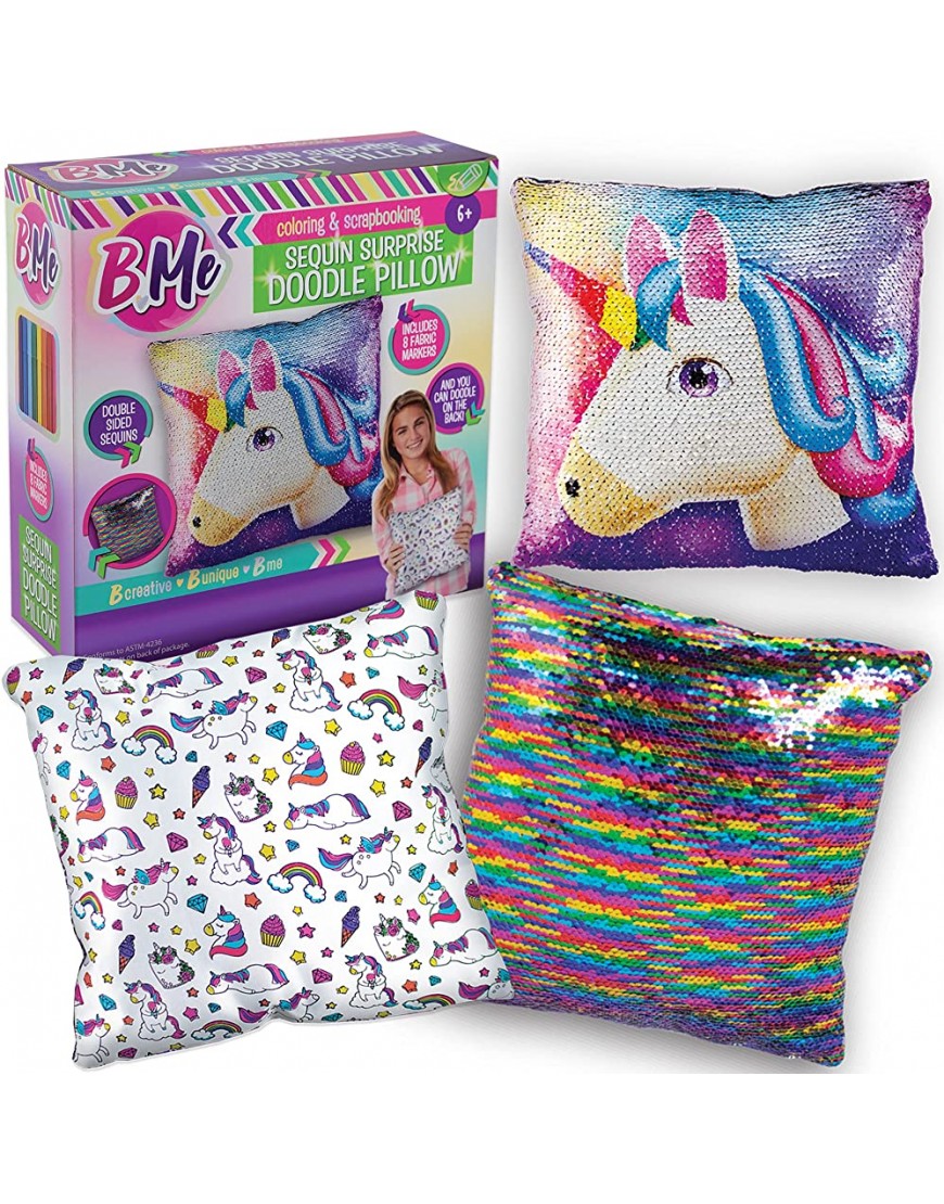 B Me Sequin Unicorn Pillow for Girls Reversible Double Sided Rainbow Doodle Sequined Pillows Bedroom Decor Art Creative Magic Glitter Pillow with 8 Markers Perfect Birthday Girl Gift Age 6+ - B1TWXVECG