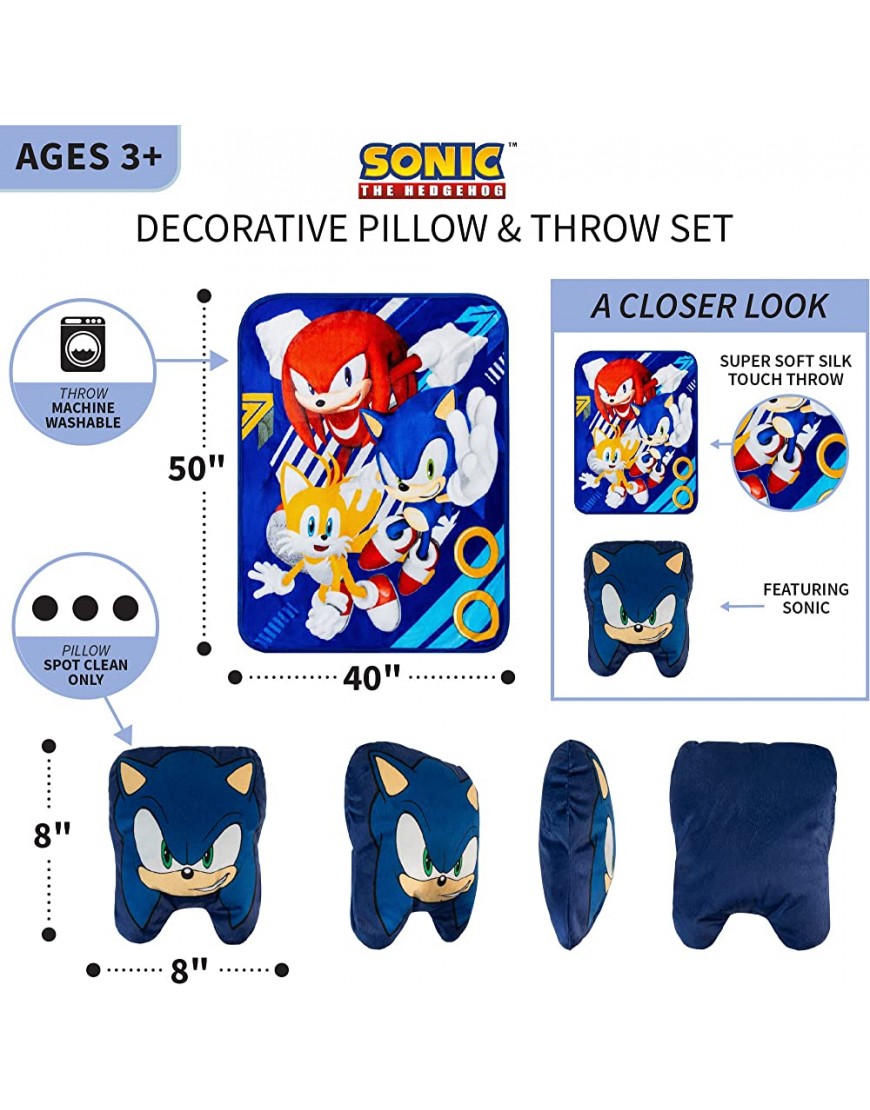 Franco Kids Bedding Super Soft Plush Decorative Pillow and Throw Set 40 in x 50 in Sonic The Hedgehog Anime - BLP40I718