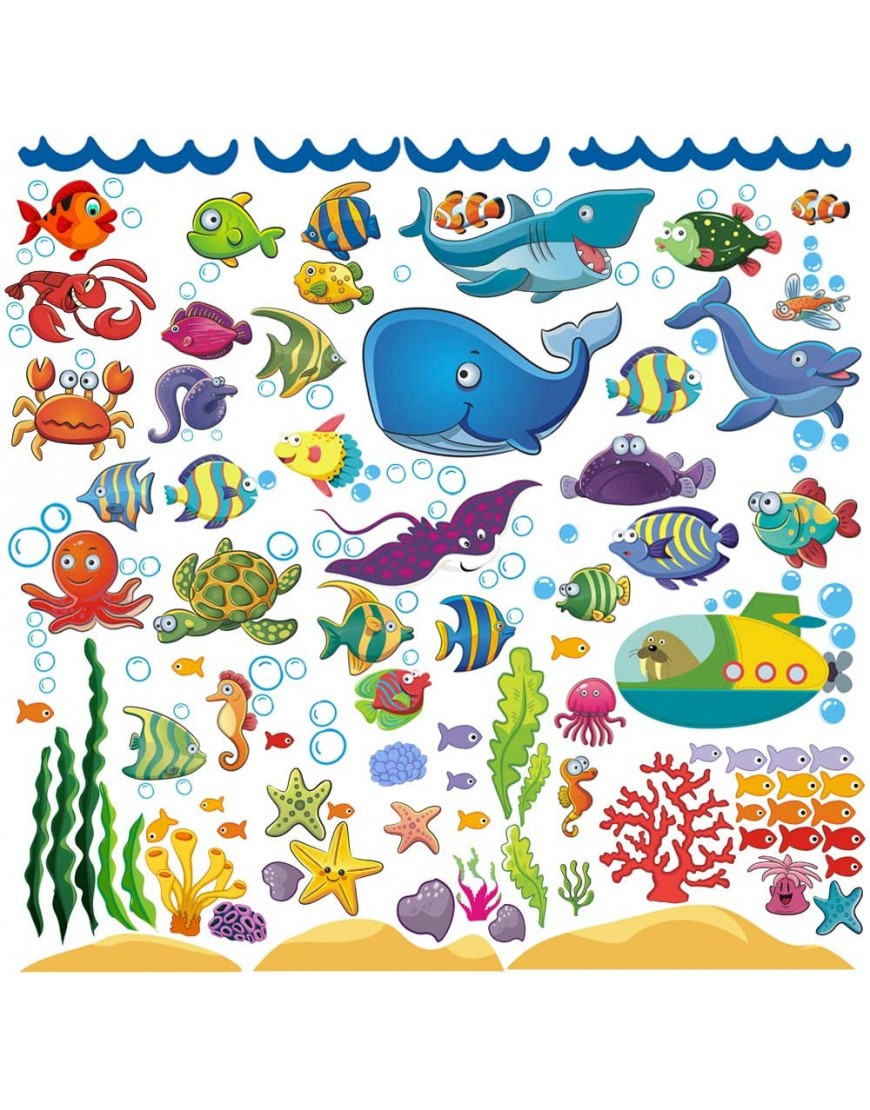 122 Pcs Under The Sea Fish Wall Decals for Kids and Toddlers' Bathroom and Nursery Easy Peel and Stick Stickers with Turtles Dophins Corals and More Removable Ocean Themed Decor - BJO5W8QC5