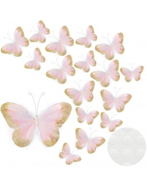 16 Pieces Feather 3D Butterfly Wall Decals Gold Glitter Butterfly Decor Stickers for Room Home Nursery Classroom Offices Kids Girl Boy Bedroom Bathroom Living Room Decor Light Pink - B7YH2Y3U2