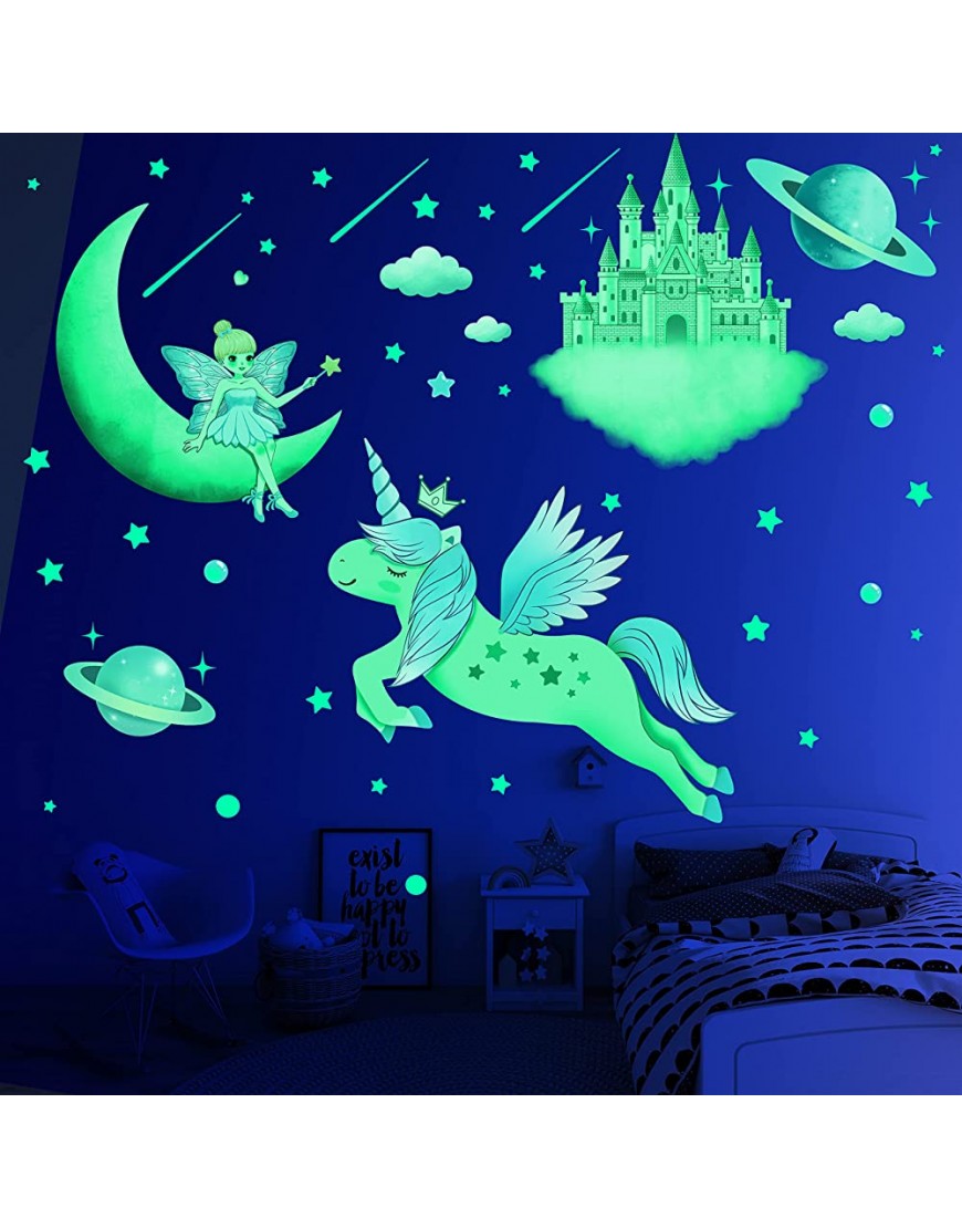 194 PCS Glow in The Dark Stars for Ceiling Wall Decals for Girls Bedroom Unicorn Room Decor for Girls Bedroom Moon Castle Butterfly Fairy Planet Wall Stickers for Kids Birthday Gift for Kids - BSMW6JUQG