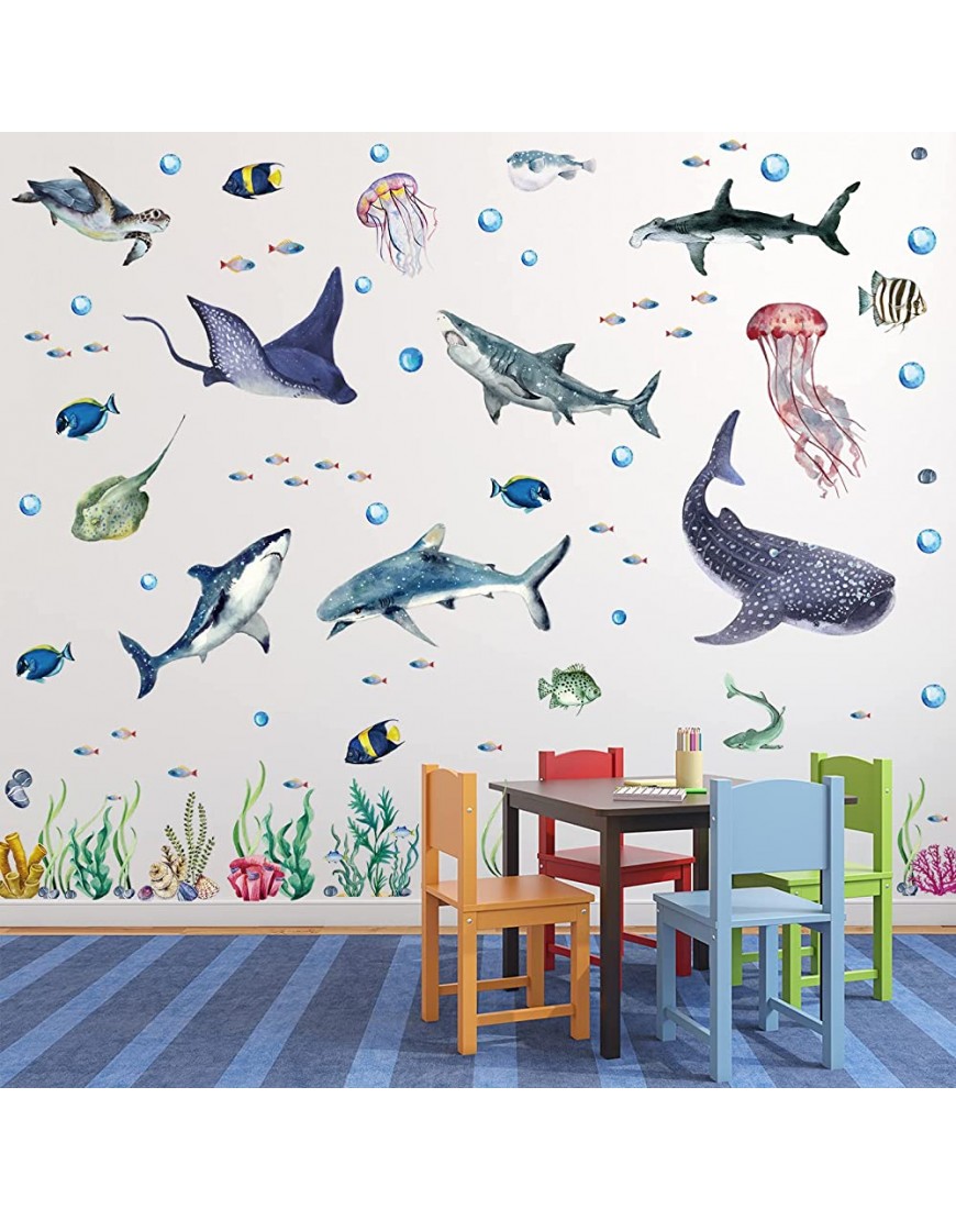 3 Pieces Large Watercolor Sharks Wall Decals Ocean Animal Peel and Stick Wall Sticker Under The Sea Marine Life Theme Decals Nursery Room Home Decor Boy Girl Kid Party Supply 11.2 x 34.6 Inches - B30E6SWRC