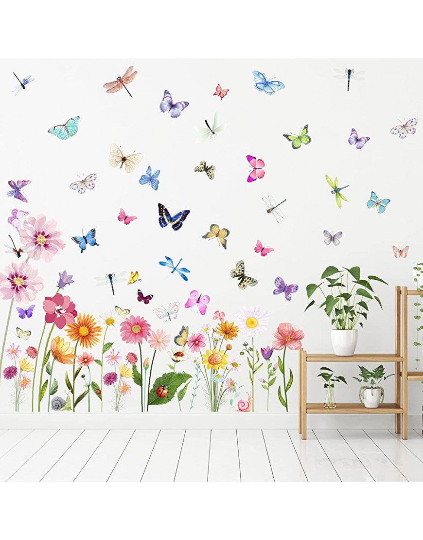 80 Pieces Flowers Butterflies Wall Decals Chrysanthemums Dragonflies Wall Sticker Flowers Peel and Stick Wall Art Removable PVC Garden Decal for Kids Room Nursery Classroom Bedroom Decor Colorful - BPN05AE7Z