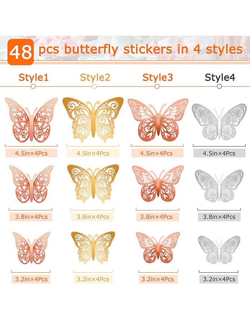 Butterfly Decorations Party 3D Butterfly Wall Decor Stickers 48Pcs 4 Patterns 3 Sizes Butterfly Cake Decorations Paper Butterflies for Kids Baby Birthday Bedroom Room Rose Gold & Gold & Silver - BR1ZKJ8AN