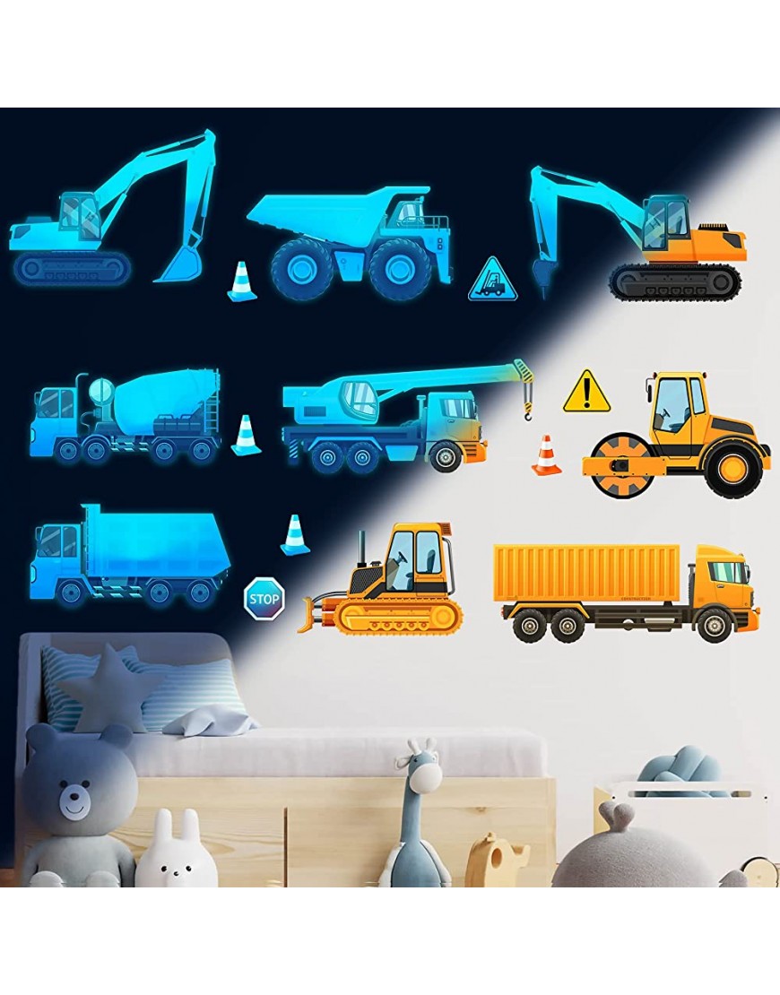 Construction Wall Decals Glow in The Dark Wall Stickers City Vehicles Car Wall Decal Luminous Truck Excavator Tractor Decals Transportation Sticker Boys Kids Bedroom Playroom Nursery Ceiling Decor - BKHRAPYWZ