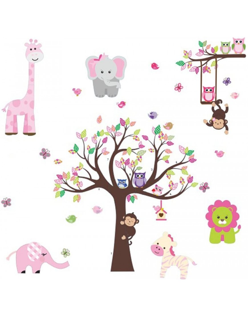 DEKOSH Kids Pink Jungle Theme Peel & Stick Girl Nursery Wall Decal Colorful Owl Giraffe Lion Tree Decorative Sticker for Baby Bedroom Playroom Mural - BQ4OTT4OY