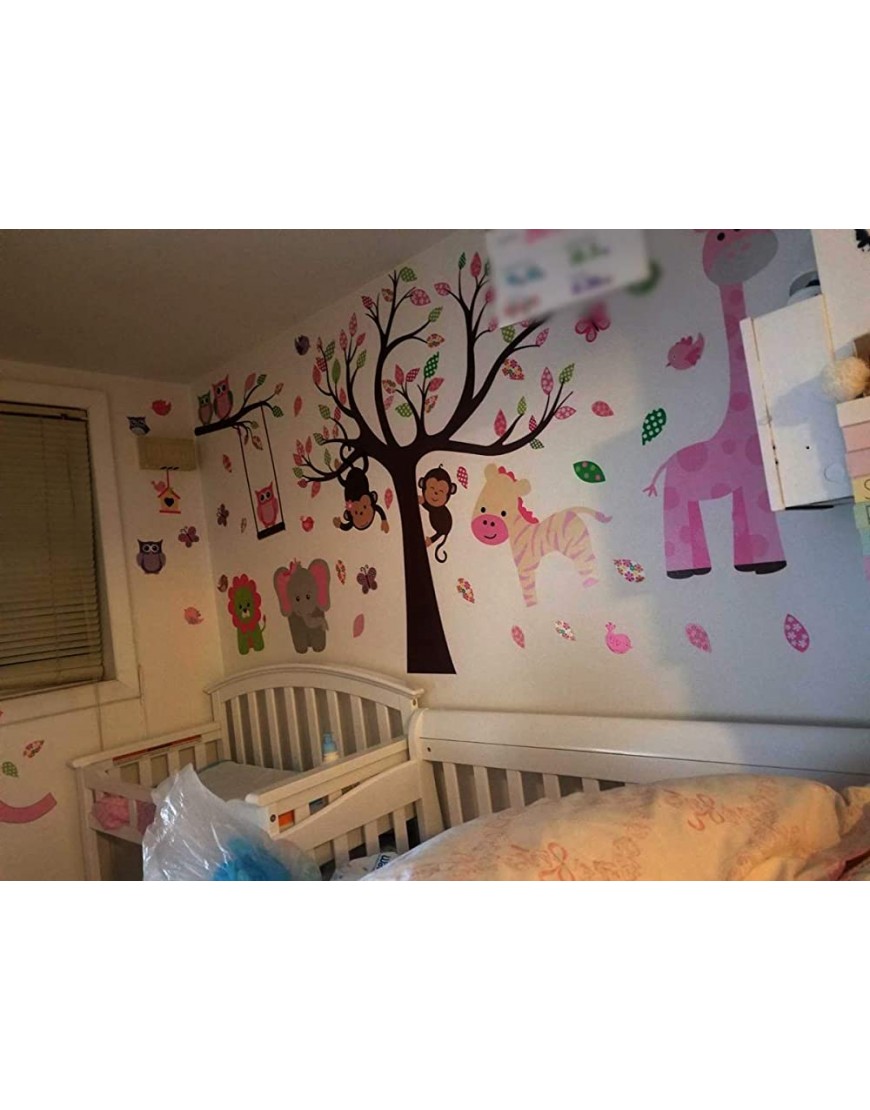DEKOSH Kids Pink Jungle Theme Peel & Stick Girl Nursery Wall Decal Colorful Owl Giraffe Lion Tree Decorative Sticker for Baby Bedroom Playroom Mural - BQ4OTT4OY