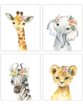 Designs by Maria Inc Little Baby Watercolor Animals Prints Set of 4 Unframed Floral Nursery Decor Art for Girl 8"x10" - BHPXI8IZL