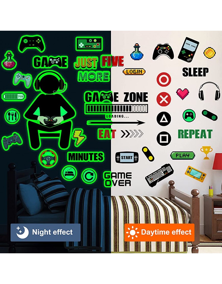 Gamer Room Decor Glow in the Dark Gaming Wall Decals Game Wall Decals for Boys Room Video Game Controller Wall Stickers Game Zone Eat Sleep Game Wall Decals for Kids Girls Teens Bedroom Playroom Decor - BMCB45AOT