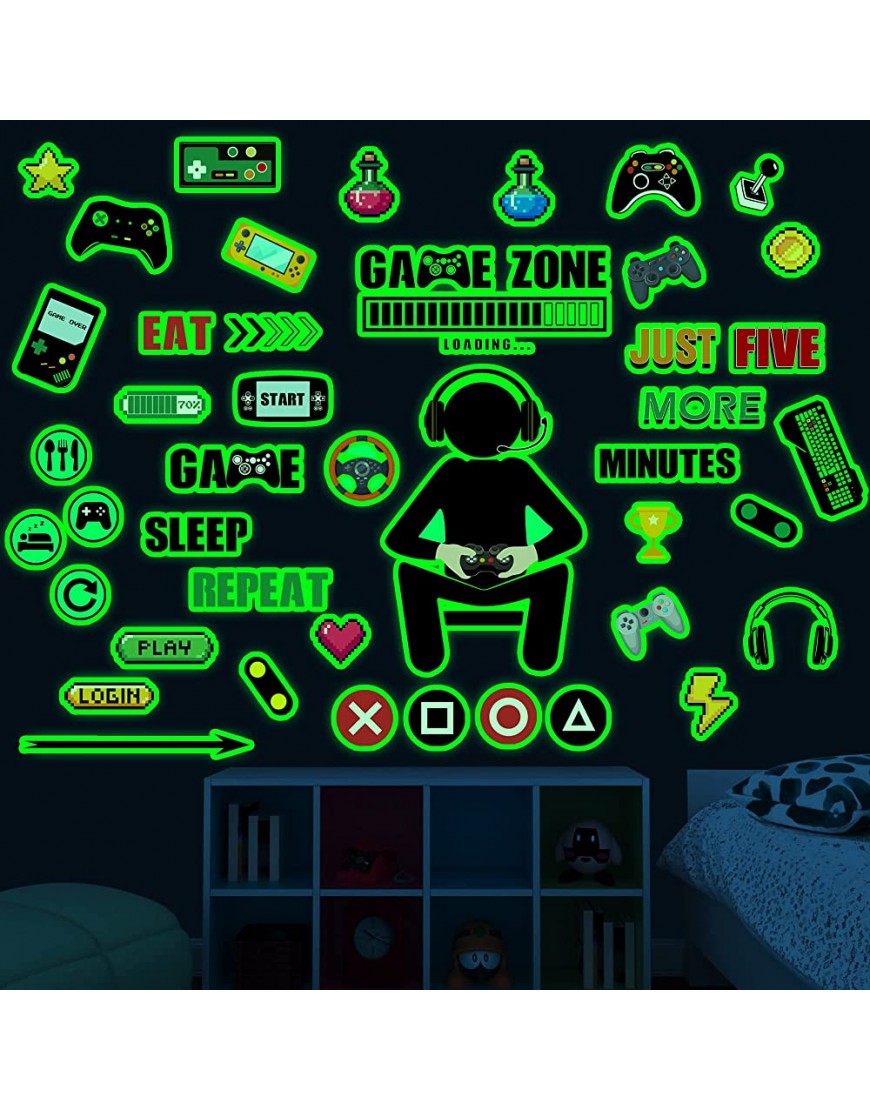 Gamer Room Decor Glow in the Dark Gaming Wall Decals Game Wall Decals for Boys Room Video Game Controller Wall Stickers Game Zone Eat Sleep Game Wall Decals for Kids Girls Teens Bedroom Playroom Decor - BMCB45AOT
