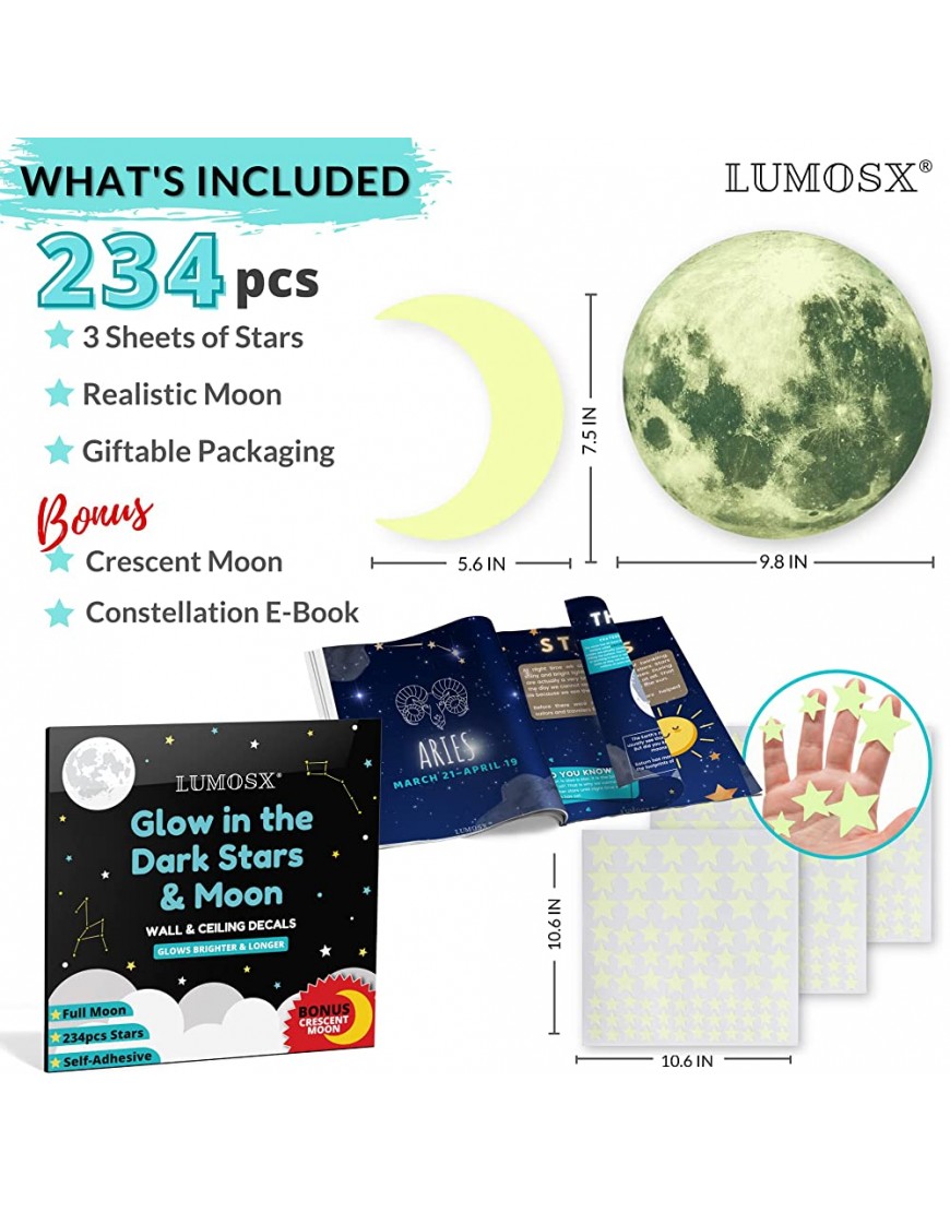 LUMOSX Glow in The Dark Stars for Ceiling Decor BONUS Moons and Constellation E-Book | Glow in The Dark Stickers of Ceiling Stars Glowing Star Decal Decoration Star Ceiling for Kids Room Decor Kids Wall Decor - B6WWI55ZW