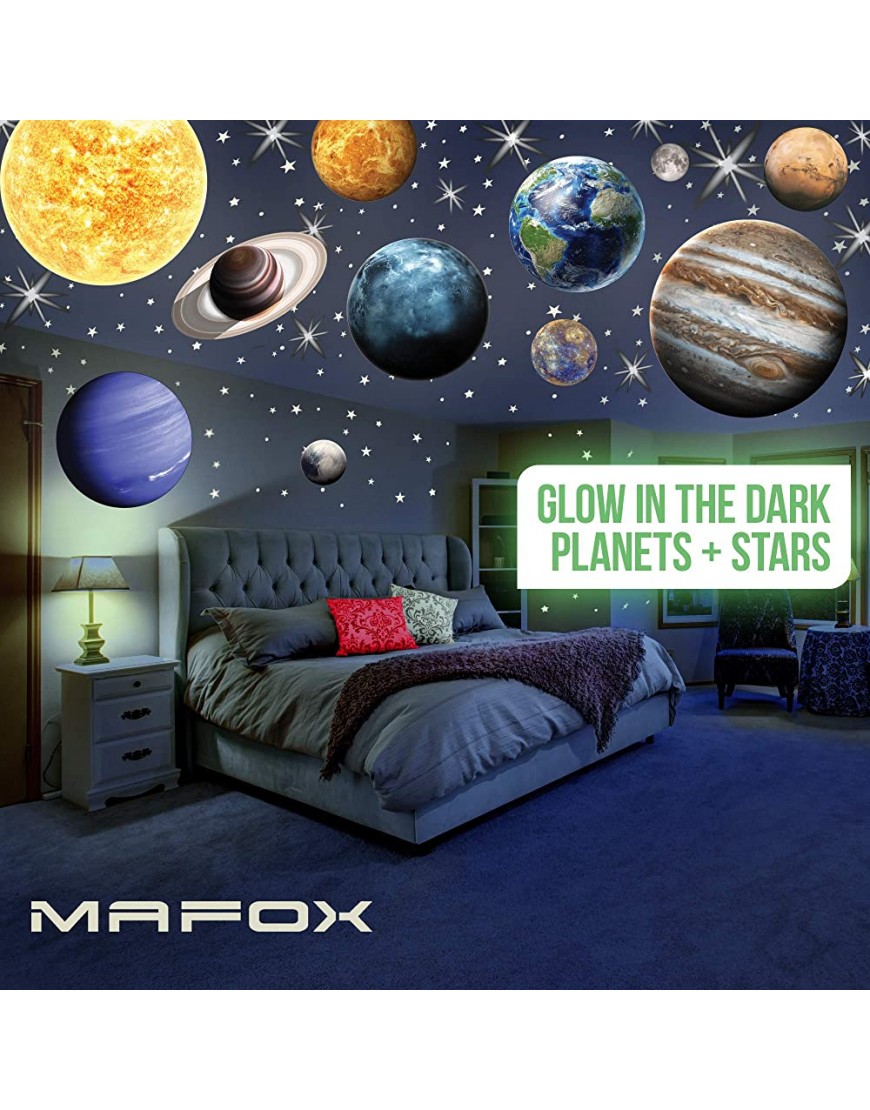 MAFOX Glow in The Dark Planets Bright Solar System Wall Stickers -Sun Earth Mars and so on,9 Glowing Ceiling Decals for Bedroom Living Room,Shining Space Decoration for Kids for Girls and Boys - BWZ95JR4C