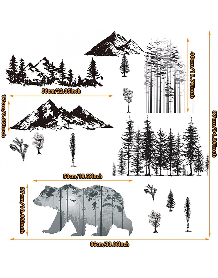 Outus 3 Sheets Mountain Forest Bear Wall Decals Stickers Pine Tree Wall Decals Woodland Trees Wall Stickers Bear Forest Decals for Kids Nursery Bedroom Living Room Decor 11.8 x 35.4 Inches - BU5MYMMT4