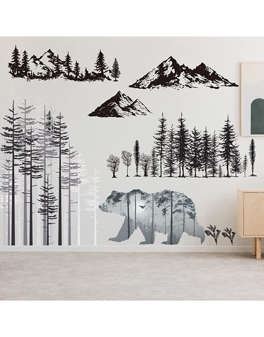 Outus 3 Sheets Mountain Forest Bear Wall Decals Stickers Pine Tree Wall Decals Woodland Trees Wall Stickers Bear Forest Decals for Kids Nursery Bedroom Living Room Decor 11.8 x 35.4 Inches - BU5MYMMT4