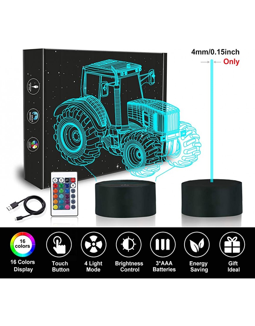 3D Illusion Lamp Tractor Car 3D Night Light for Kids with 16 Colors Changing Remote Control Bedroom Decor Creative Birthday Gifts for Boys Kids Baby - BGE24PNH3