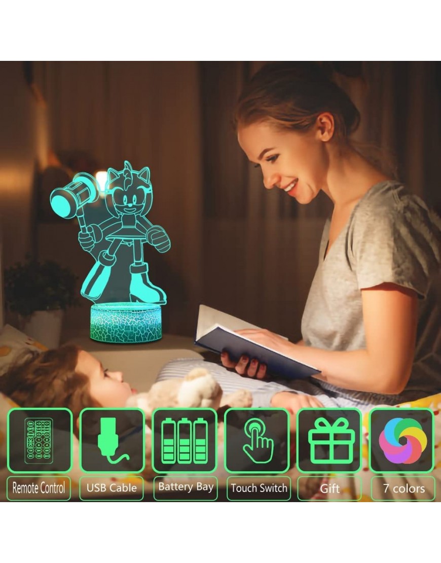 3D LED Illusion Lamp Sonic Night Light for Kids Sonic Amy Design with Girls Birthday for Gift with Remote & Touch Switch 7 Colors Kids Bedside Lamp Bedroom Decor Lights for 1 8 Year old Girl Gifts - BWVAAE44I