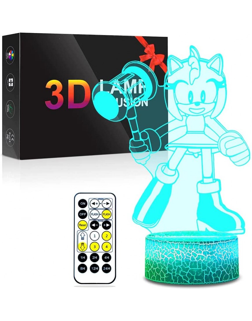 3D LED Illusion Lamp Sonic Night Light for Kids Sonic Amy Design with Girls Birthday for Gift with Remote & Touch Switch 7 Colors Kids Bedside Lamp Bedroom Decor Lights for 1 8 Year old Girl Gifts - BWVAAE44I