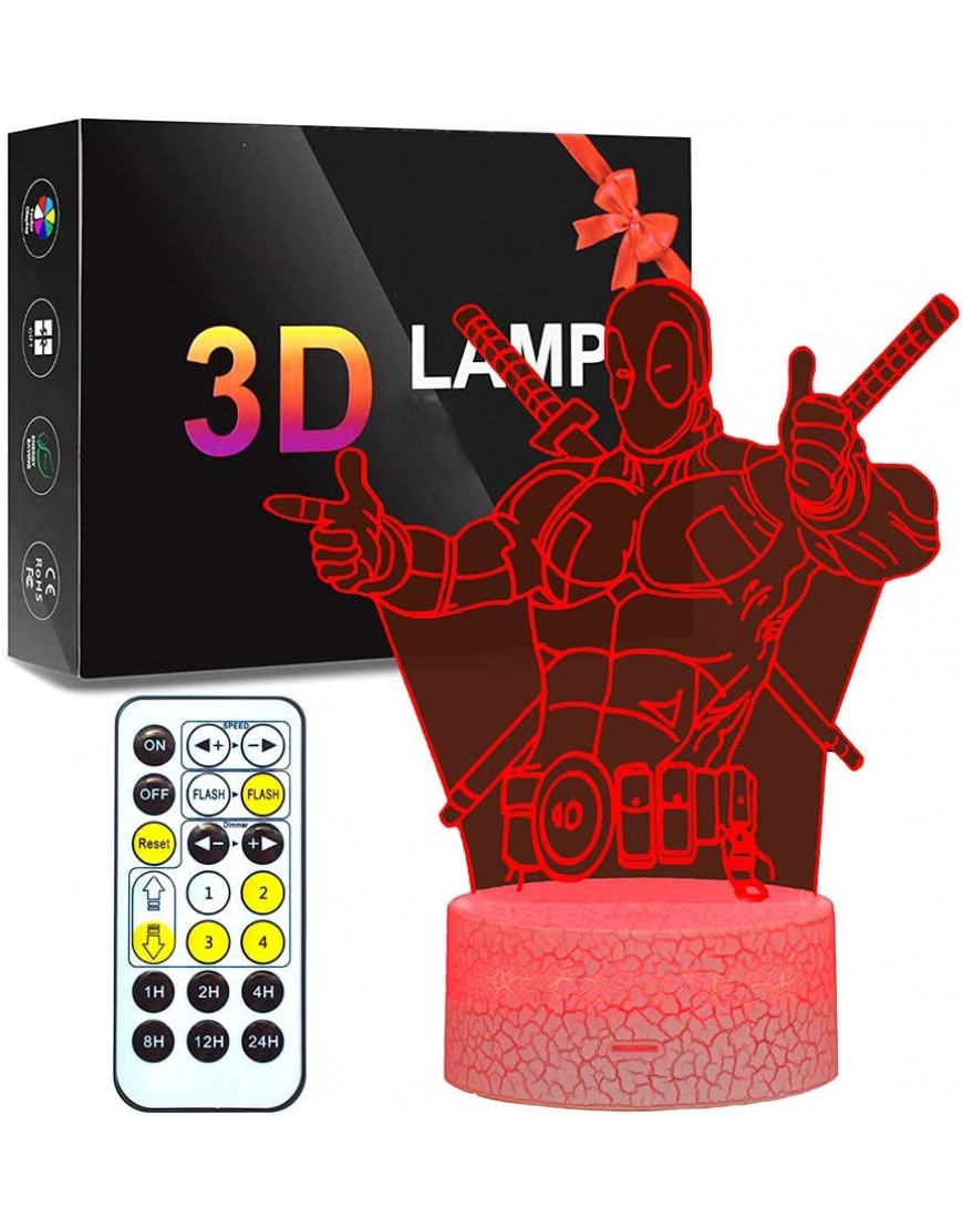3D LED Night Light for Kids Deadpool LED Lamp Design with Remote Control Kids Bedside Night Lamp Bedroom 7 Colors Decor is Perfect Great Birthday Xmas Gift for Boys and Girls - B87MXD2H5