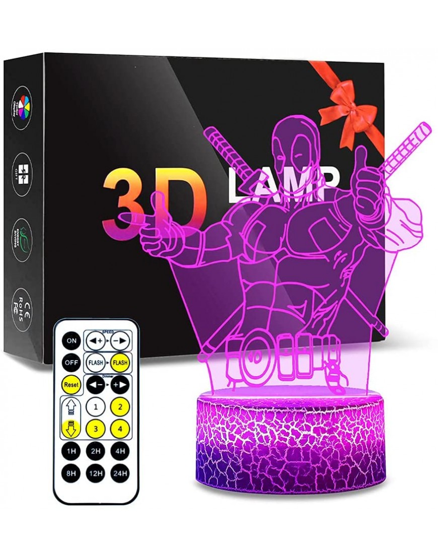 3D LED Night Light for Kids Deadpool LED Lamp Design with Remote Control Kids Bedside Night Lamp Bedroom 7 Colors Decor is Perfect Great Birthday Xmas Gift for Boys and Girls - B87MXD2H5