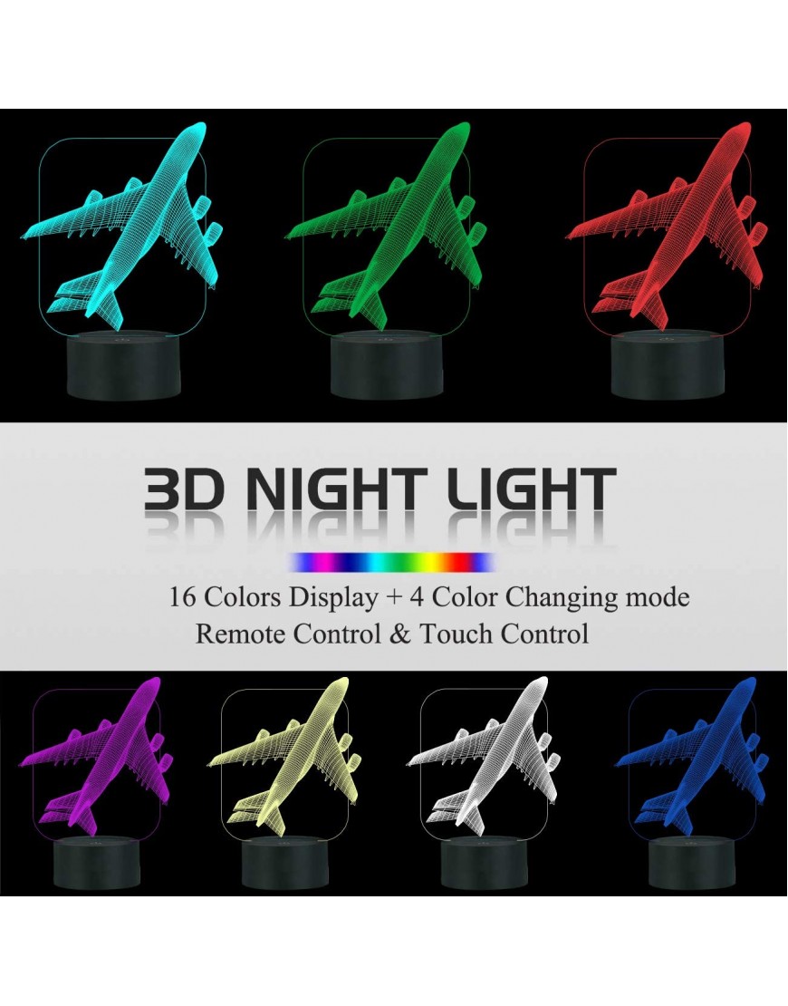 Aircraft Airplane 3D Night Light Kids Bedside Lamp 16 Colors Changing with Remote Control Xmas Halloween Birthday Gift for Child Baby Boy - BDRLI9TJZ
