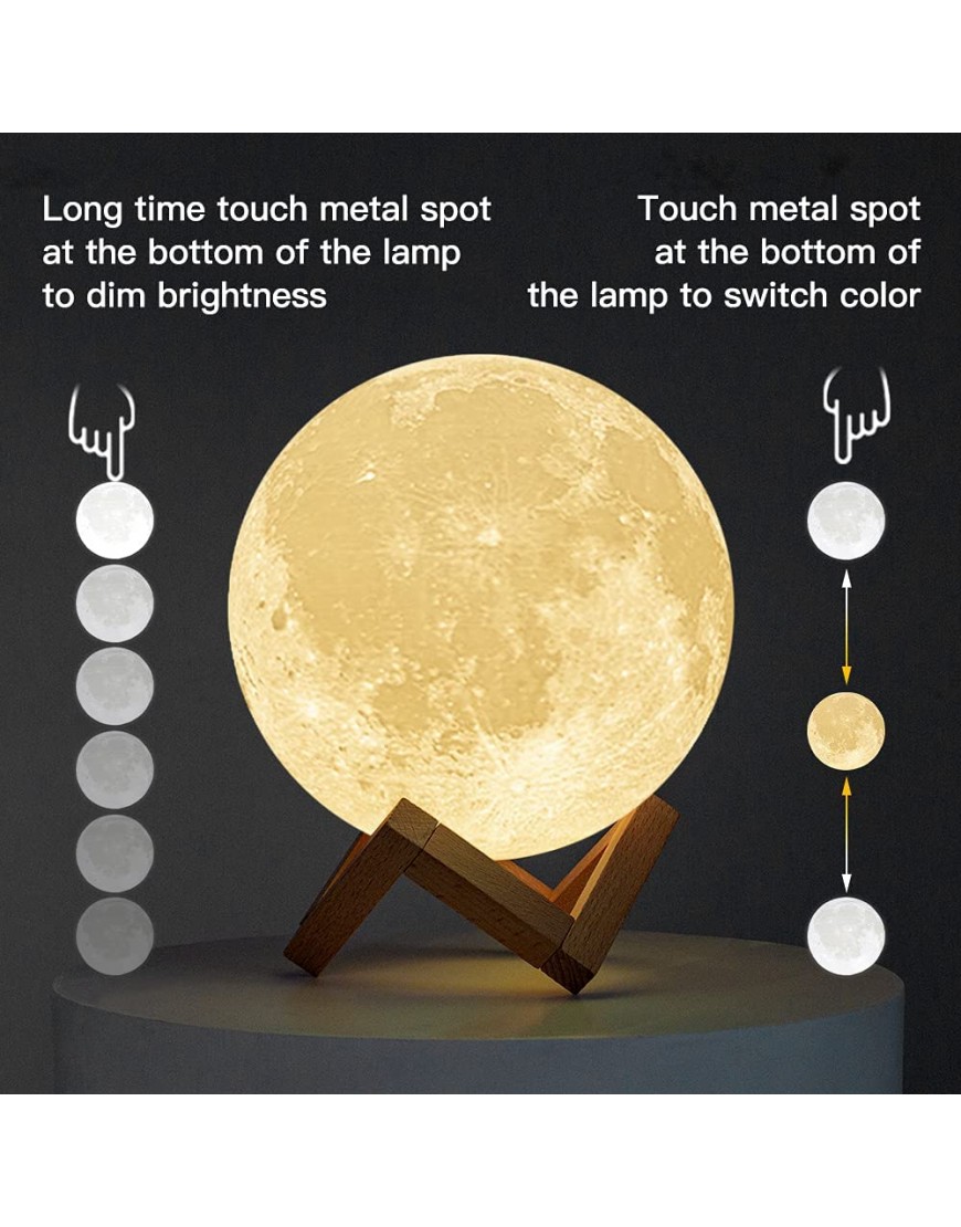 BRIGHTWORLD Moon Lamp Moon Night Light 3D Printed 7.1IN Lunar Lamp for Kids Gift for Women USB Rechargeable Touch Control Brightness Warm and Cool White - BJLJSM9OG