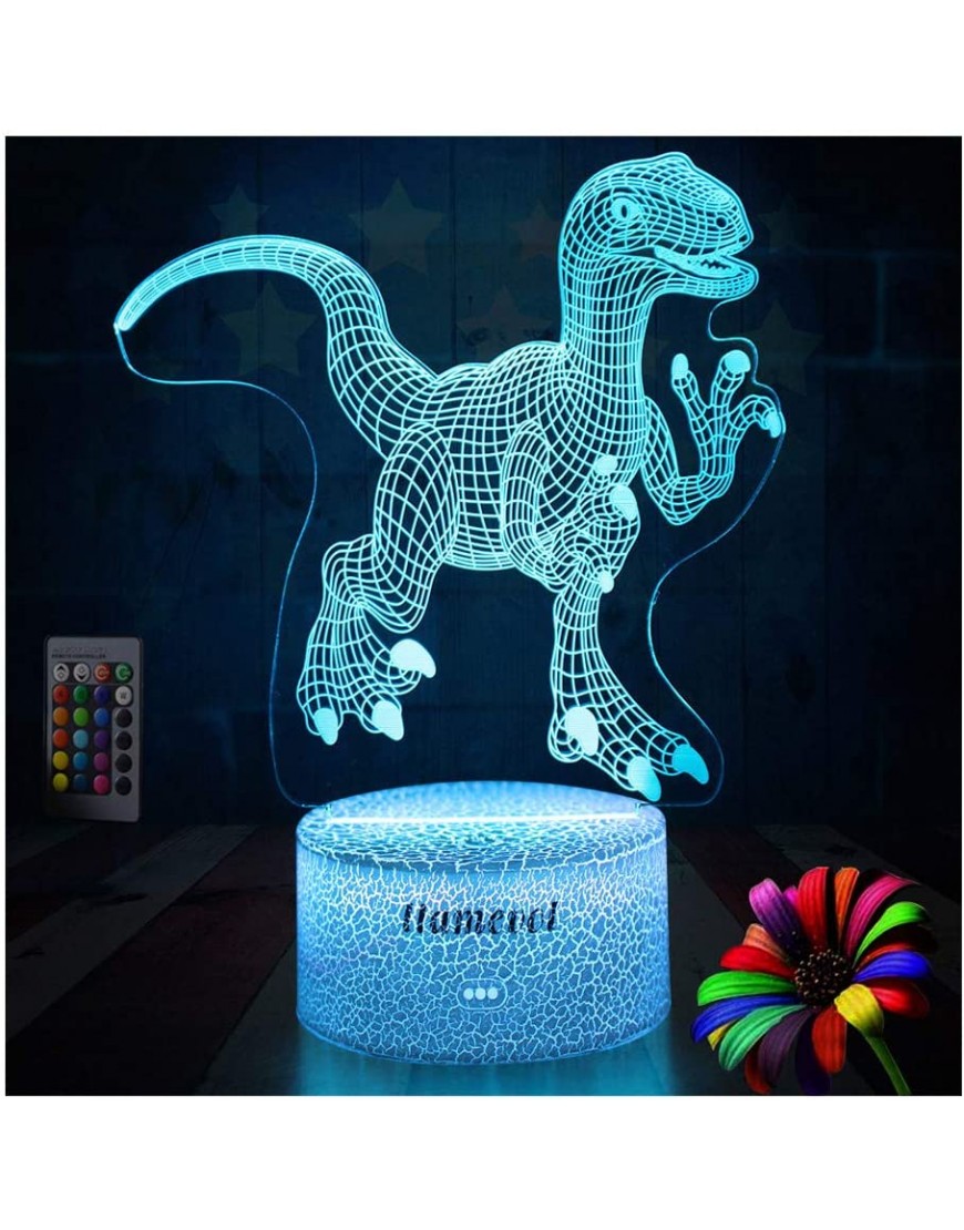 Dinosaur Night Lights for Kids Christmas Gift for Boys Birthday Dino Toy Raptor 3D Illusion Lamp Remote Control 16 Color Change - BXQ3JMMB0
