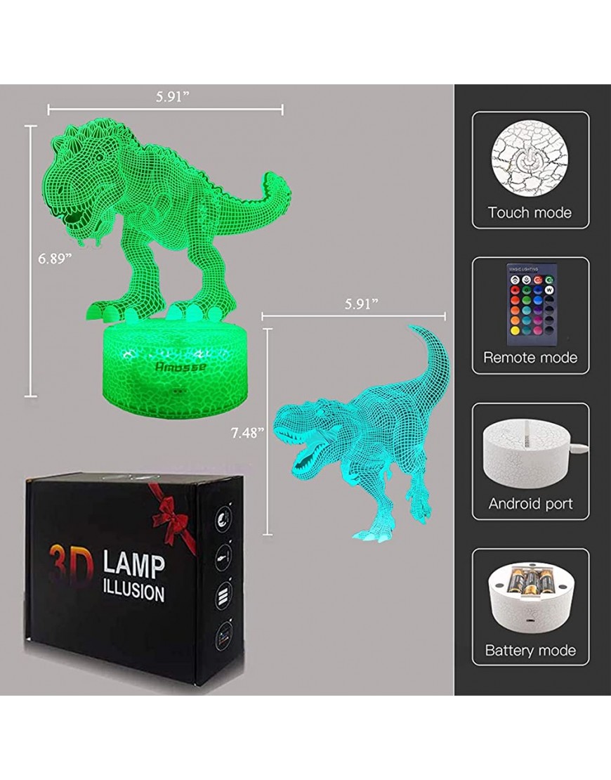 Dinosaur Toys T Rex 3D Night Light with Remote & Smart Touch 7 Colors + 16 Colors Changing Dimmable T Rex Toys Gifts 2 3 4 5 6 7 8 Year Old Boy Birthday Gifts 2 Panels - BH4A52H5K