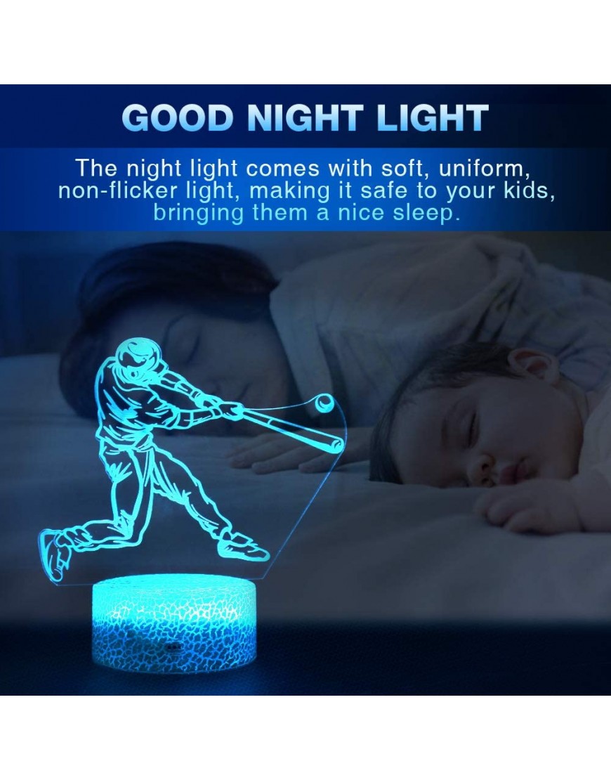 LETOUR Night Light for Kids Baseball 3D Night Light Porpoise Illusion Lamp with Remote Control 16 Color Changing Xmas Halloween Birthday Gift for Child Baby Boy Remote Ice Crack Base - BKSW9P85H