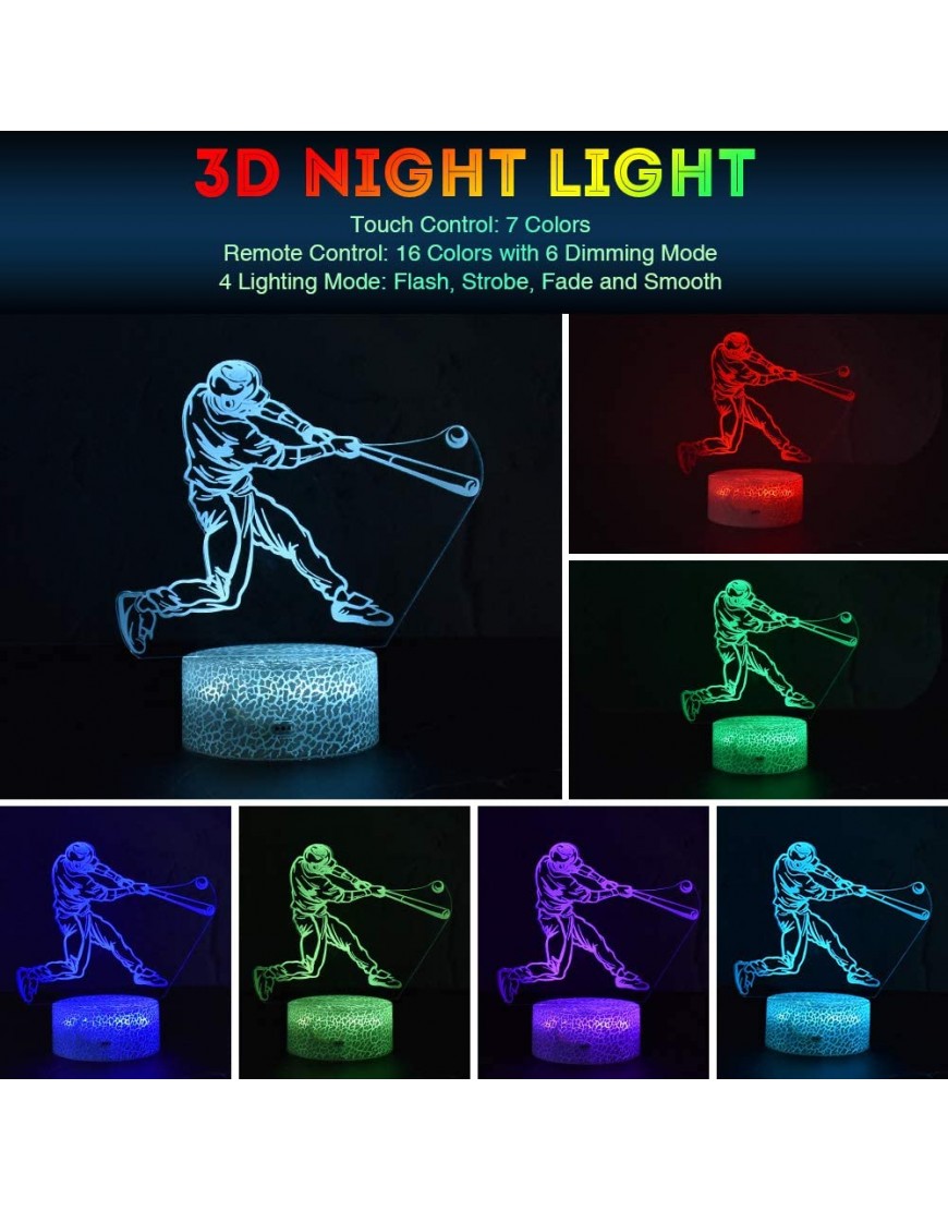 LETOUR Night Light for Kids Baseball 3D Night Light Porpoise Illusion Lamp with Remote Control 16 Color Changing Xmas Halloween Birthday Gift for Child Baby Boy Remote Ice Crack Base - BKSW9P85H