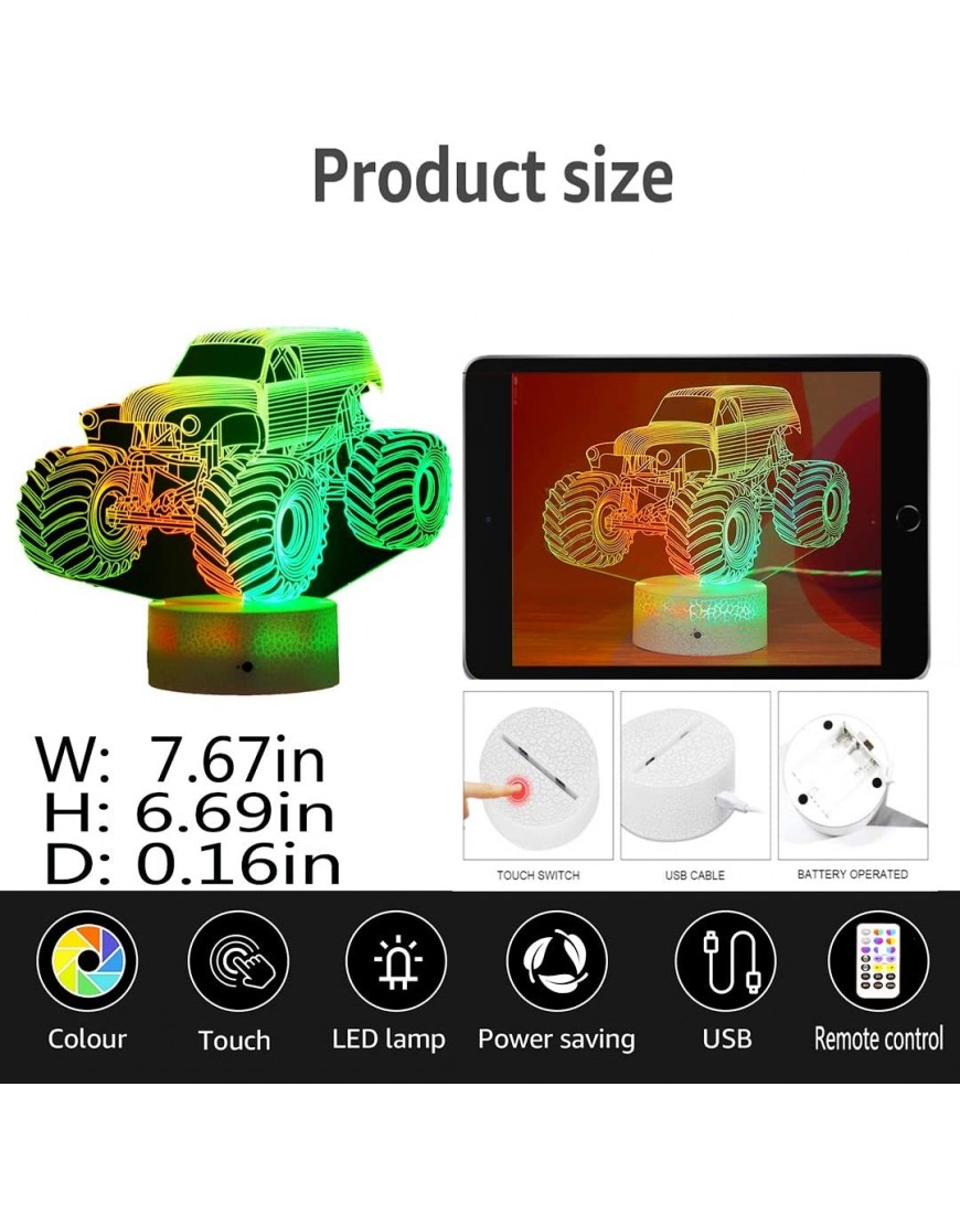 Pinkie Pie Kids 3D LED Lamp Monster Truck for Boys Night Light for Kids Soft Light Lamps for Bedrooms with Remote Dimmable 14 Colors Room Decor for 3 4 5 9 10+ Year Old Kids Birthday Easter Xmas Gift - B8U8CW3I2
