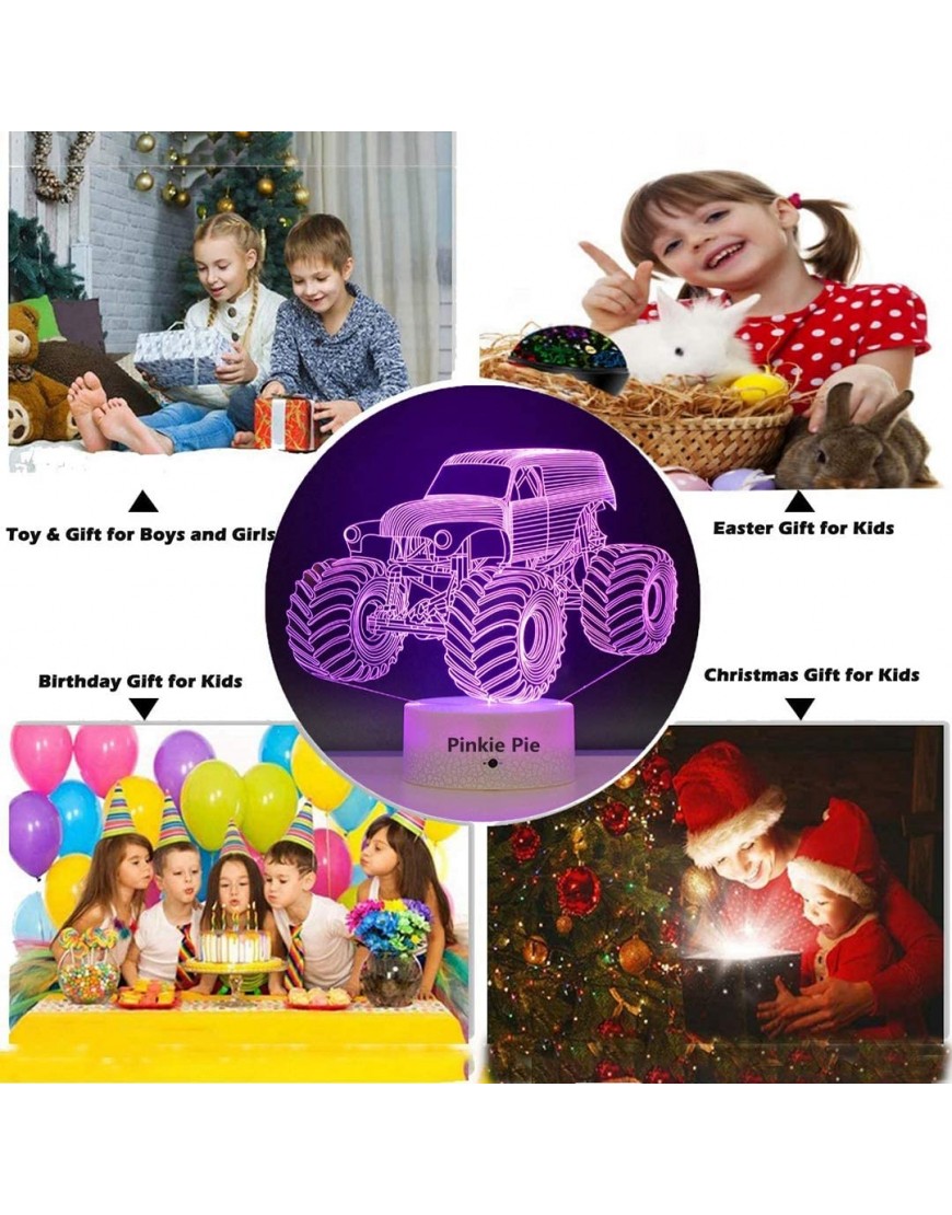 Pinkie Pie Kids 3D LED Lamp Monster Truck for Boys Night Light for Kids Soft Light Lamps for Bedrooms with Remote Dimmable 14 Colors Room Decor for 3 4 5 9 10+ Year Old Kids Birthday Easter Xmas Gift - B8U8CW3I2