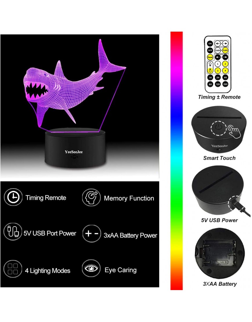 YeeSeeJee Shark Toys,Shark Night Light with 7 Colors Adjustable Timer Remote Control Shark Toys for Boys Birthday Gifts for Girls Age 5 6 7 8 9 Year Old Boys Gifts Shark 7CB - BDSFEMOYS
