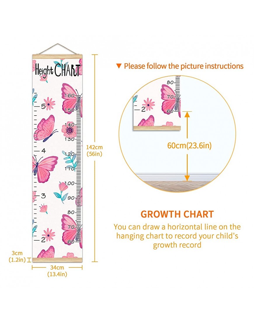Growth Chart Kid's Height Chart Pink Butterfly & Flower Growth Chart Banner Hanging Ruler Wall Decor for Kids,Multicolur,One Size - BUN77RBAY