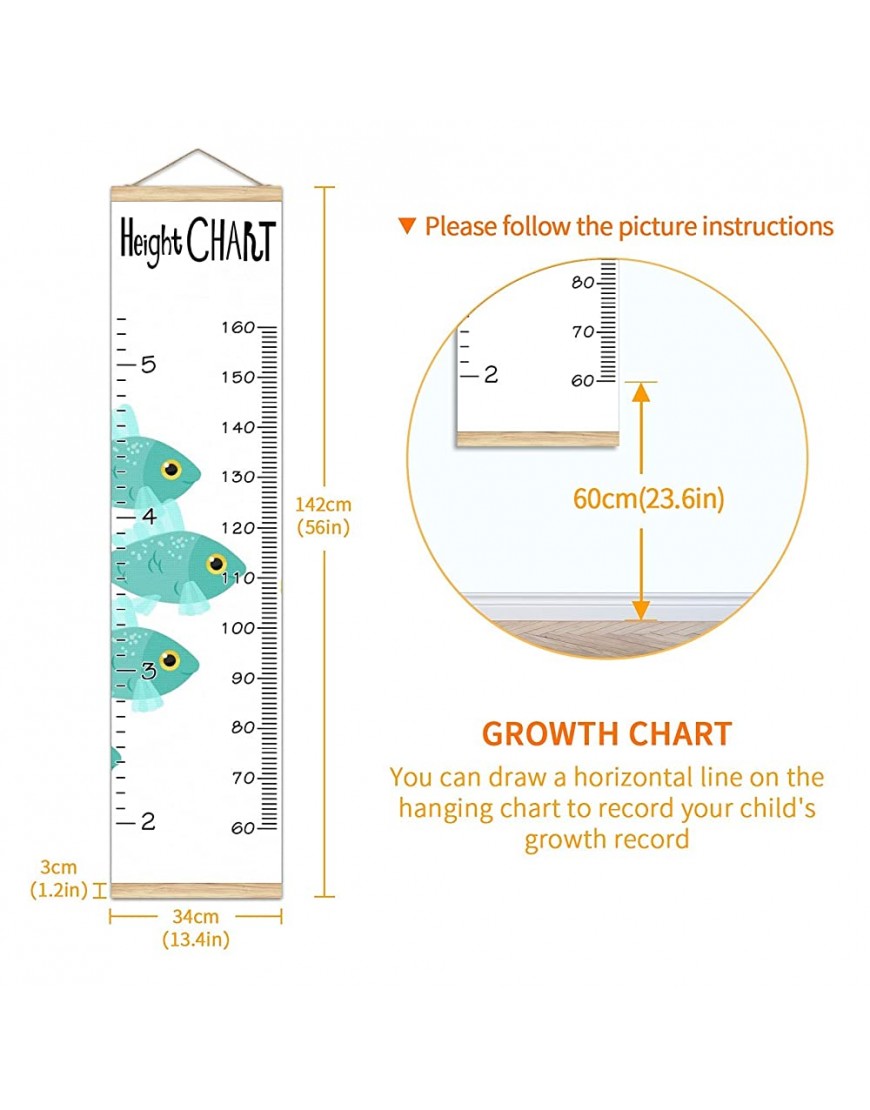 Kids Growth Chart Ruler for Wall Wood Frame Height Measure Chart 13.4x56 in Linen Hanging Height Growth Chart Blue Fish Kids Room Decor - B0IF9Y5BP