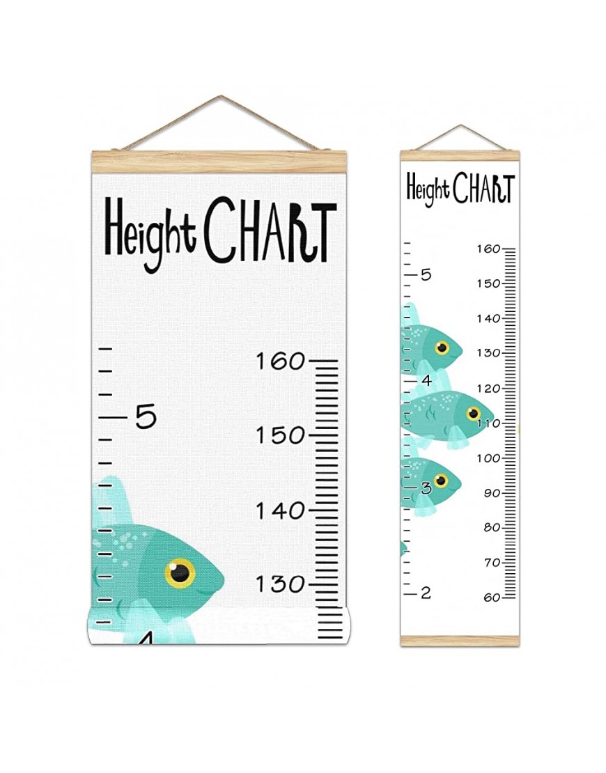Kids Growth Chart Ruler for Wall Wood Frame Height Measure Chart 13.4x56 in Linen Hanging Height Growth Chart Blue Fish Kids Room Decor - B0IF9Y5BP