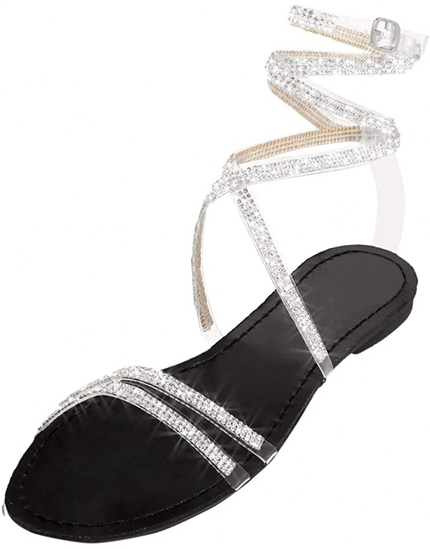 Padaleks Sandals for Women Bohemia Bling Rhinestone Flat Sandals Gladiator Strappy Open Toe Roman Dress Shoes - BM65PMFCJ