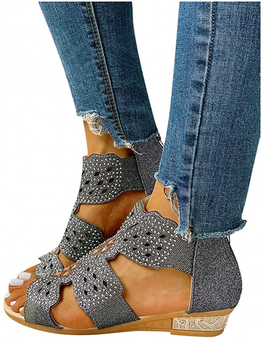Roman Sandals Summer Women Low Heels Crystal Wedge Shinny Shoes Rhinestone Shoes Comfy Zip Dress Shoes - B9I6ZBARG