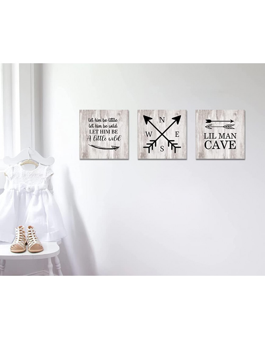 Nursery Decor Lil Man Cave Sign Explore sign Be Wild Sign Kids Room Arrow Art Above Crib Wanderlust Wood Plaque Set of 3 Rustic Wood Sign for Baby Shower New Baby Gift,12x12 Inch - BO9TACWTK