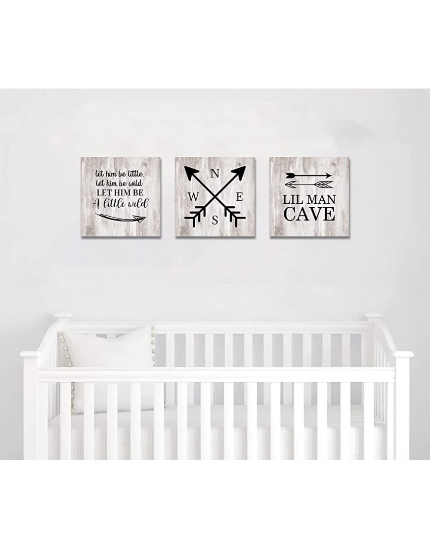 Nursery Decor Lil Man Cave Sign Explore sign Be Wild Sign Kids Room Arrow Art Above Crib Wanderlust Wood Plaque Set of 3 Rustic Wood Sign for Baby Shower New Baby Gift,12x12 Inch - BO9TACWTK