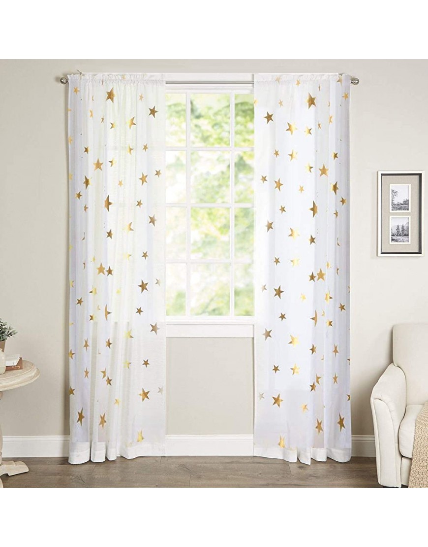 Anjee Golden Star Sheer Curtains Voile Semi Sheer Elegant Rod Pocket Curtain Drapes for Girls Bedroom Kids Room Nursery Backdrop 52 x 84 Inches White - BFOX0AZHH